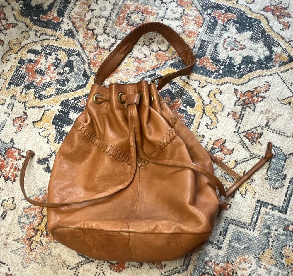 Anthro Day & Mood Velda Hobo Brown Pebbled Leather Bucket Bag Drawstring Large